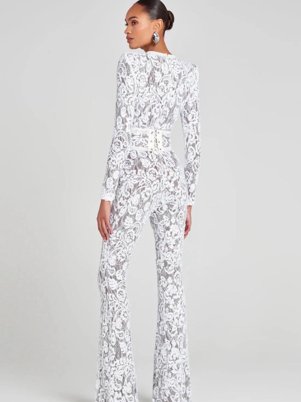 NADINE MERABI White Lace Long-Sleeve Sheath Gown - Picture 3 of 4